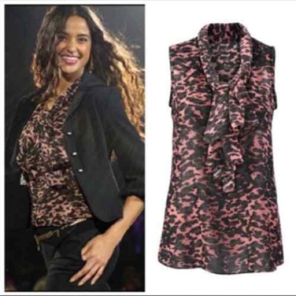 Cabi 3075 9 To 5 Blouse Black and Tan / Pink Leopard / Camo Print Size Small